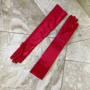 Long red satin gloves